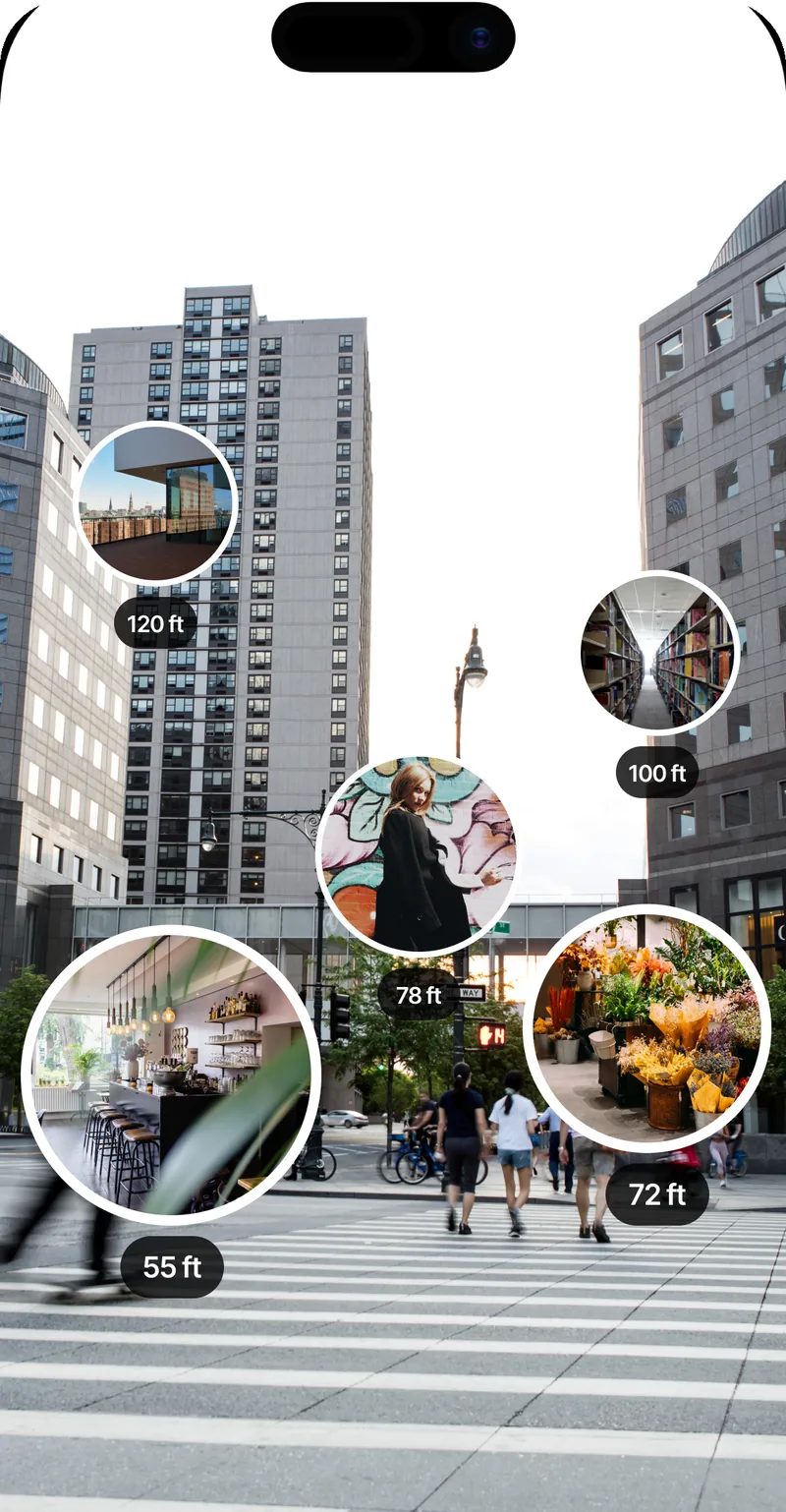 Standing at a city crossing with crumbs floating over a bar, a mural, a library and a flower market, each showing how far away it is